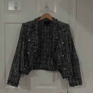 Worthington Petite Black White Tweed Open Shoulder Pad 2 Pearl Button Blazer